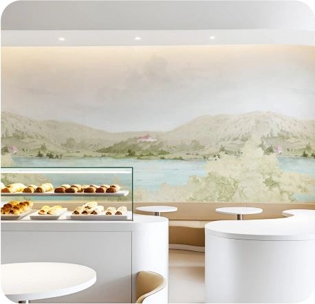 Simple minimalist bakery cafe with landscape wallpaper